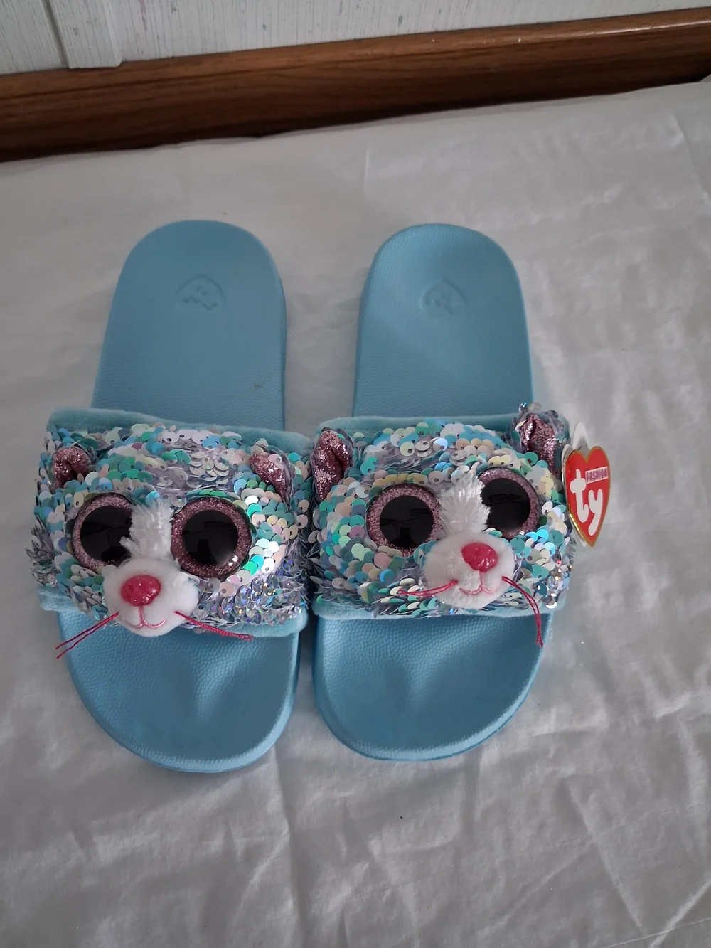 Ty Light Blue Sequin Cat Slide Sandals